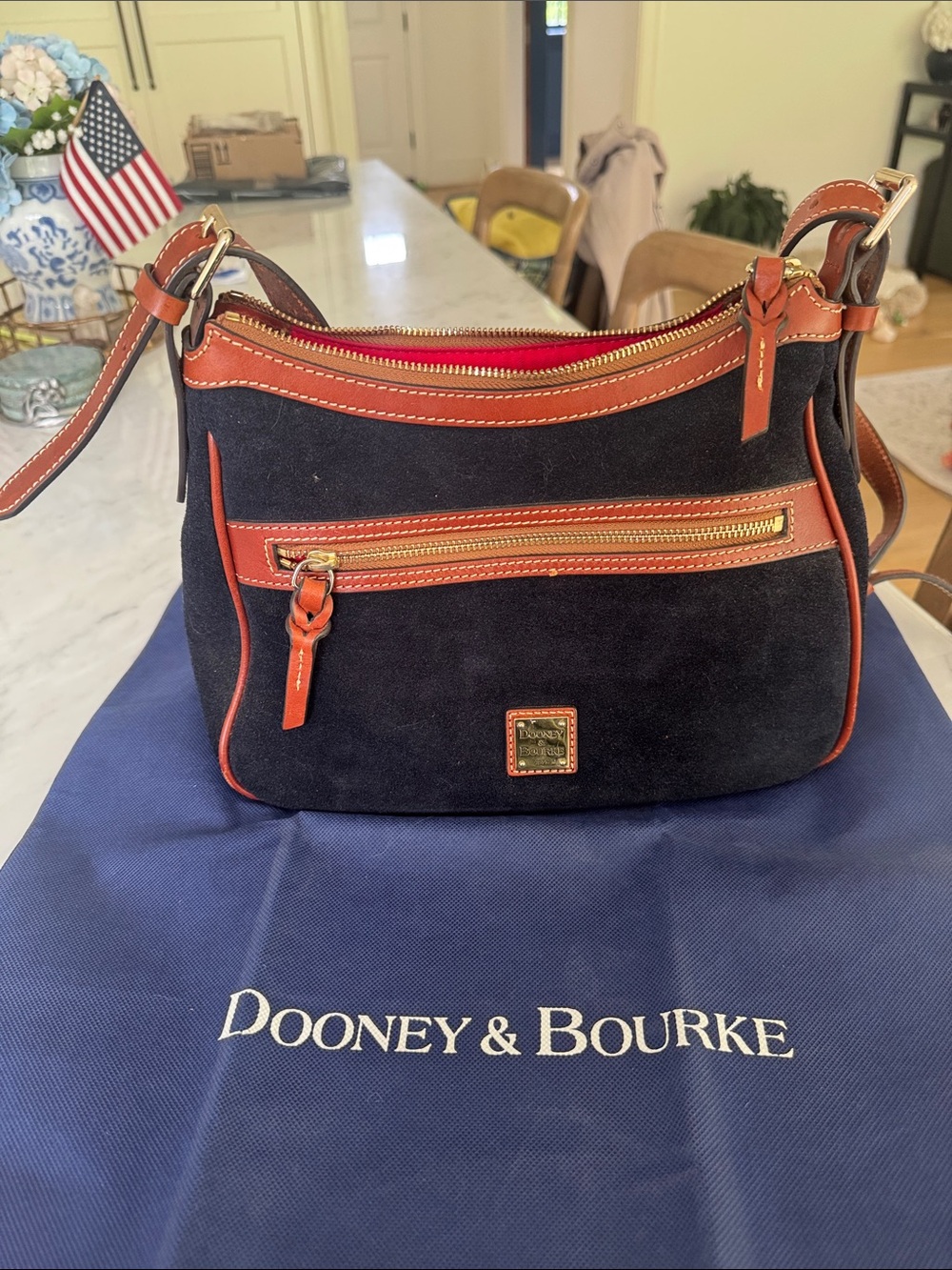 Dooney & Bourke Presley Suede Shoulder Bag with Brown Leather Trim